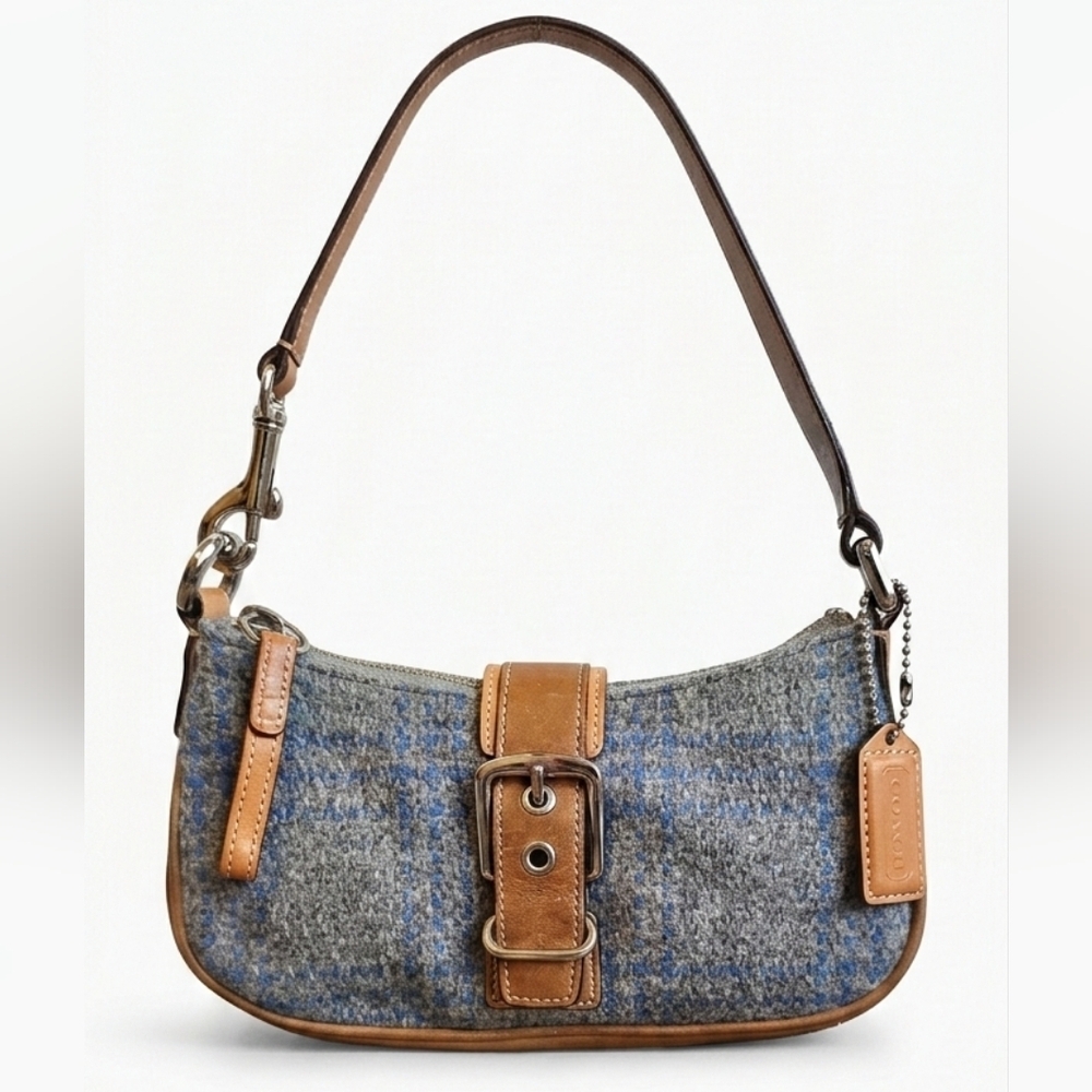 Rare Vintage 2003 Coach Soho Tweed Flap Baguette – Style #7565 – Blue/Grey